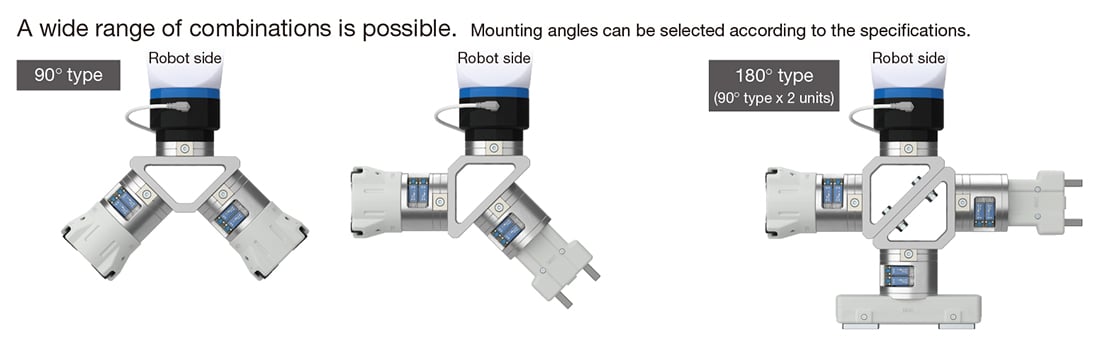 The RMMA Series multi-hand adapter is available in three different mounting angles: 90, 120, and 180 degrees