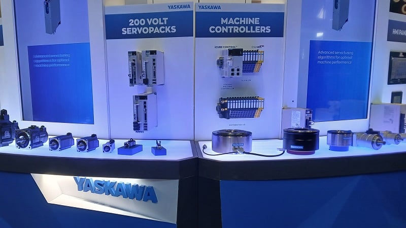 Yaskawa motors, servo drives, and iCube controllers at the booth.