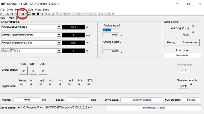  Figure 4. Green STO indicator, and Drive Setup button (red circle).