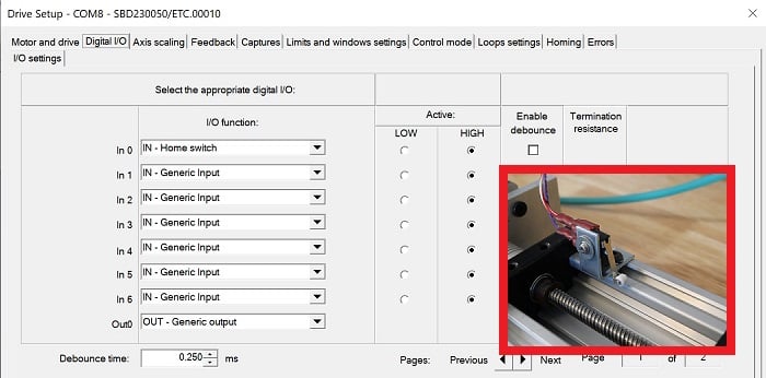  Figure 6. Digital I/O. My ‘In 0’ is set for the homing switch. The red square highlights the actual homing switch.