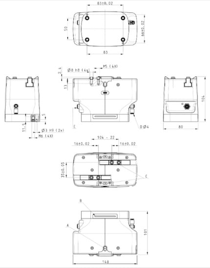 Engineering drawing of the Series CSPT collaborative gripper showing overall dimensions, mounting points, and mechanical layout for system integration.