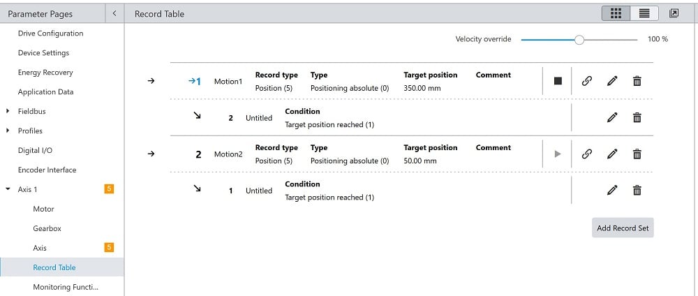  Figure 2. Record table showing two motion record sets.