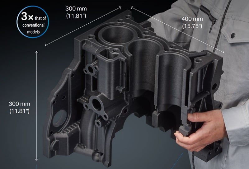 Large volume parts, such as this cutaway engine template, can be printed with the GX-1000 Printer.