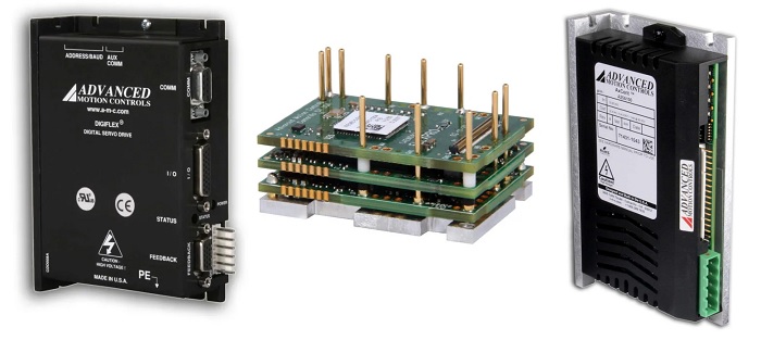 Several of A-M-C’s servo drive product lines.
