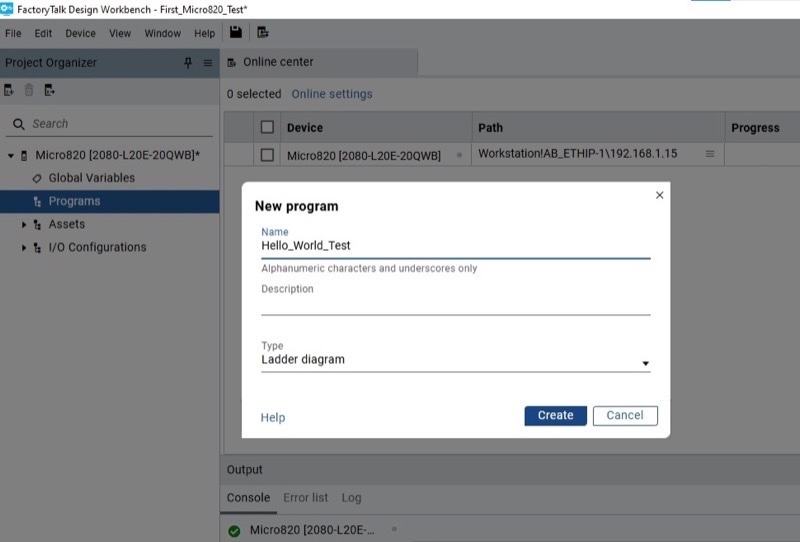 Figure 6. Creating the new ladder program.