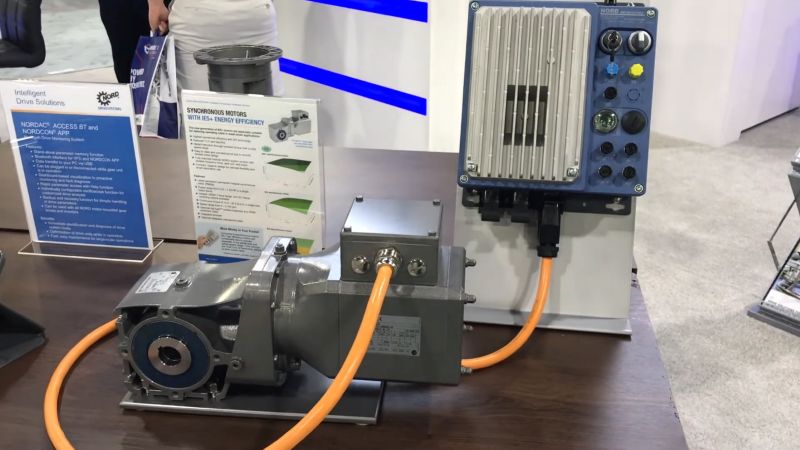 Nord’s IE5+ synchronous motor and drive system demonstration highlighting high-efficiency motor operation and integration with electronic control components