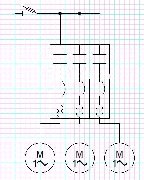  Figure 3. 3x single-phase, low-voltage motors driven by one control contactor.