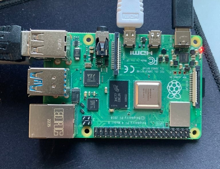 Raspberry Pi with mouse, keyboard, and monitor