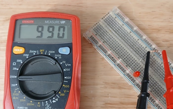Testing breadboard resistor and LED with a multimeter