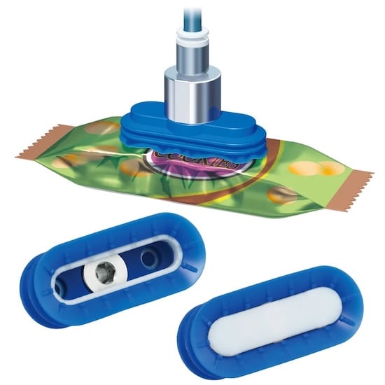 The oval cup maintains a steady seal on uneven or lightweight consumer packaging, adapting to film wrinkles and height variations during transfer.