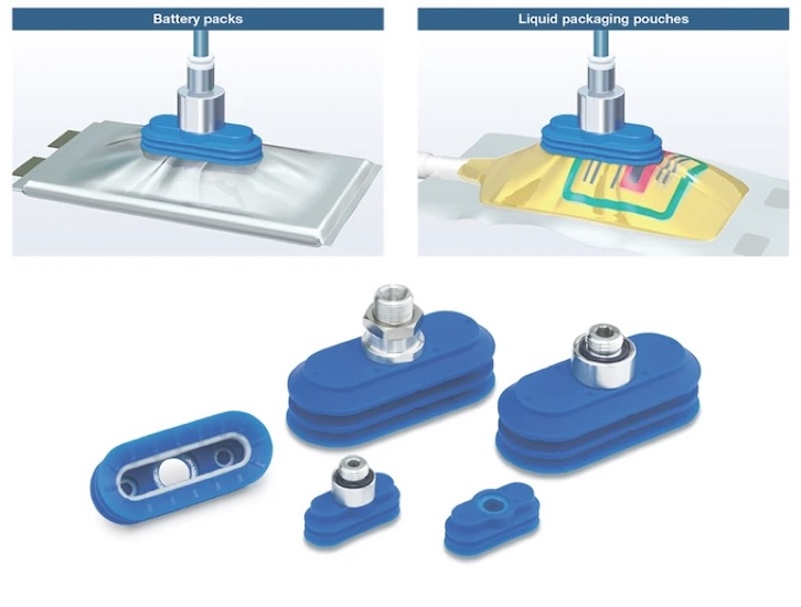 Examples of the ZP3P-WJT oval bellows cups gripping flexible battery packs and liquid pouches. The extended contact area stabilizes thin, lightweight packaging during lifting.
