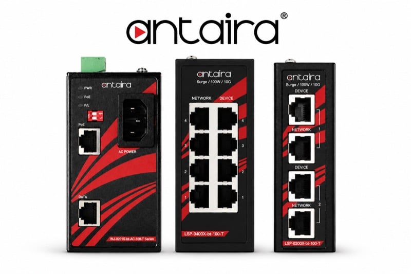 Antaira’s INJ-0201G-bt-AC-100-T PoE++ injector and LSP-0200X-bt-100-T and LSP-0400X-bt-100-T surge protectors.