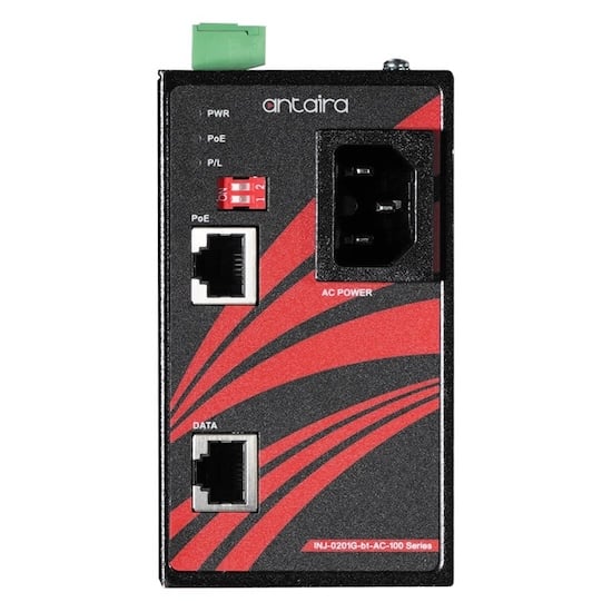 Antaira’s INJ-0201G-bt-AC-100-T delivers up to 100 W PoE output.