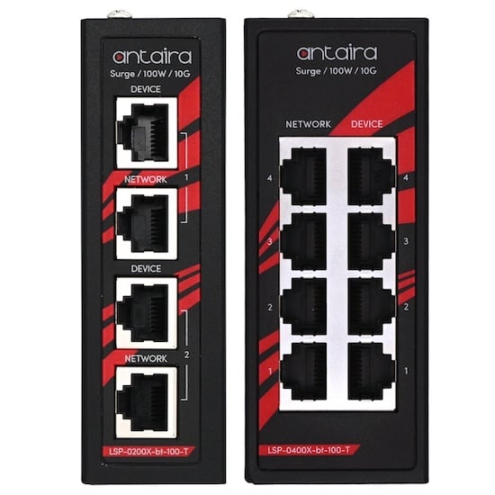 Antaira’s LSP Series provides two- and four-port surge protection with 10GbE and up to 100 W PoE++ pass-through.