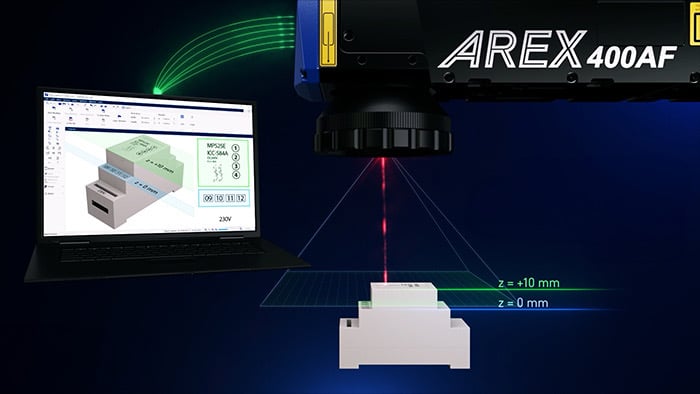 The AREX400 AF uses software-controlled focus adjustment to mark parts at different heights without manual repositioning or added mechanical hardware.