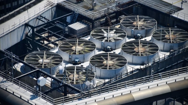 A collection of industrial cooling fans that likely use advanced control systems and drives.
