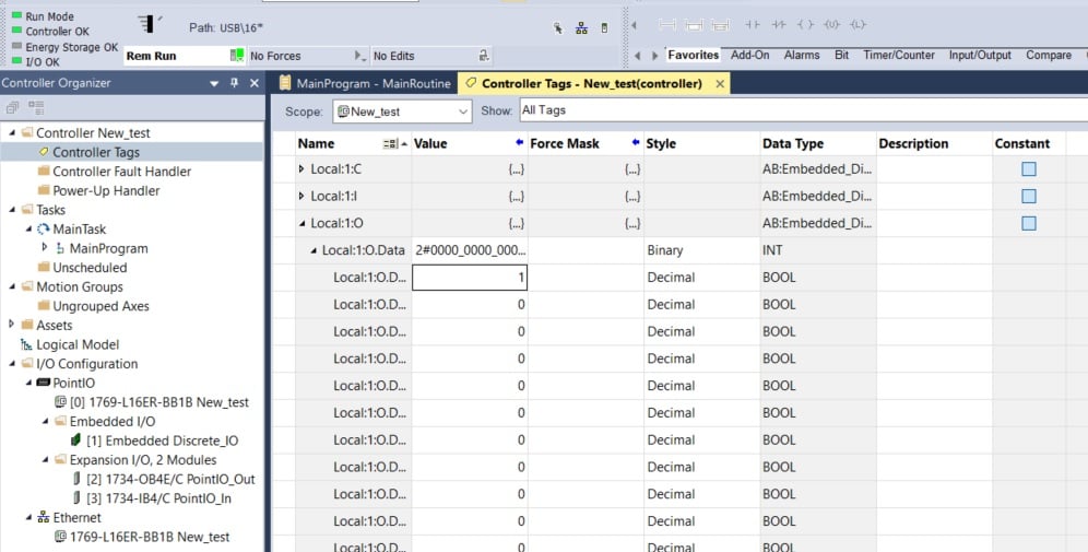  Figure 3. The tag listing that sends output signals into the e-Actuator’s IN0 and IN1 inputs.