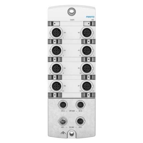 Festo’s CPX-AP-I-16DIO-M12-5P provides 16 configurable digital I/O channels in an 8/8 configuration.