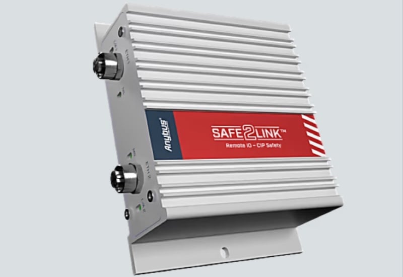 Anybus Safe2Link Remote IO-CS from HMS Networks is a safety-enhancing device for AMRs and AGVs with CIP Safety over EtherNet/IP.