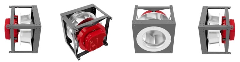 The Aircore EC+ mounted on a cooling fan that might be used in an industrial furnace or heat pump.