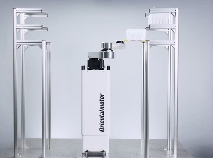 The pairing of the OVR rotating robot (top) and the EL column lift (center) as it rotates between work stations at different heights.
