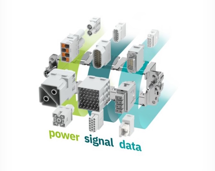A single HEAVYCON connector can carry power, signals, and data using modular or fixed-position inserts.