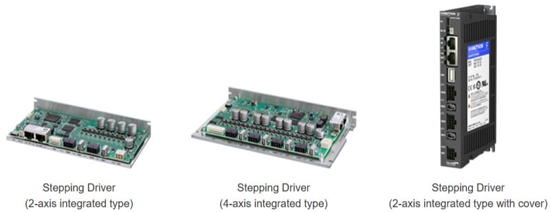 Sanyo Denki’s Sanmotion F multi-axis stepping drivers are available in two-axis and four-axis configurations, with an optional cover for the two-axis model.
