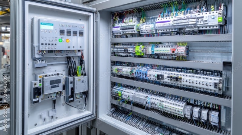 Interior view of an industrial control panel illustrating traditional hardware-based control architecture.