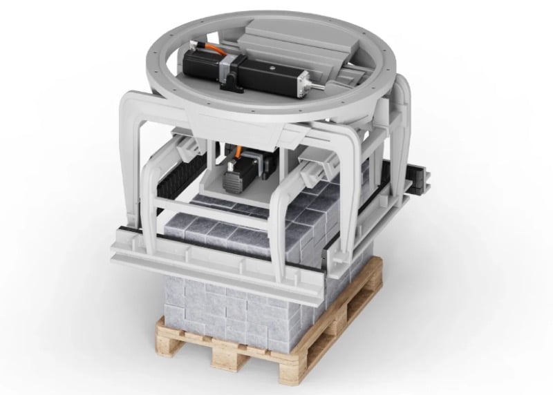 An LM3S electric cylinder used in a stone gripper provides the clamping and holding force needed for material handling applications. Image used courtesy of SEW-Eurodrive.