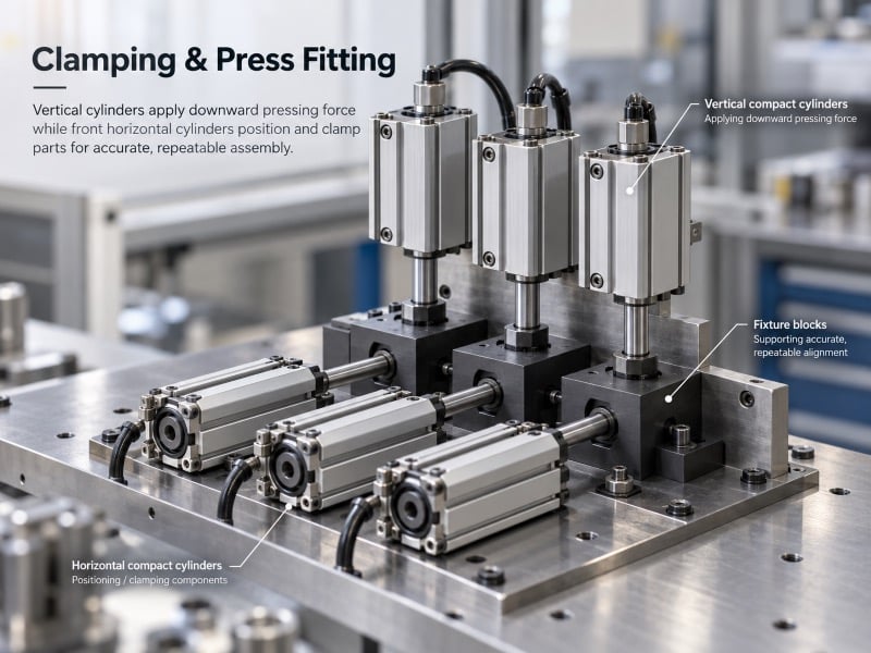 Visual of compact cylinders being used in a clamp and press fit fixture, where vertical cylinders apply pressing force and horizontal cylinders help position for repeatable assembly.