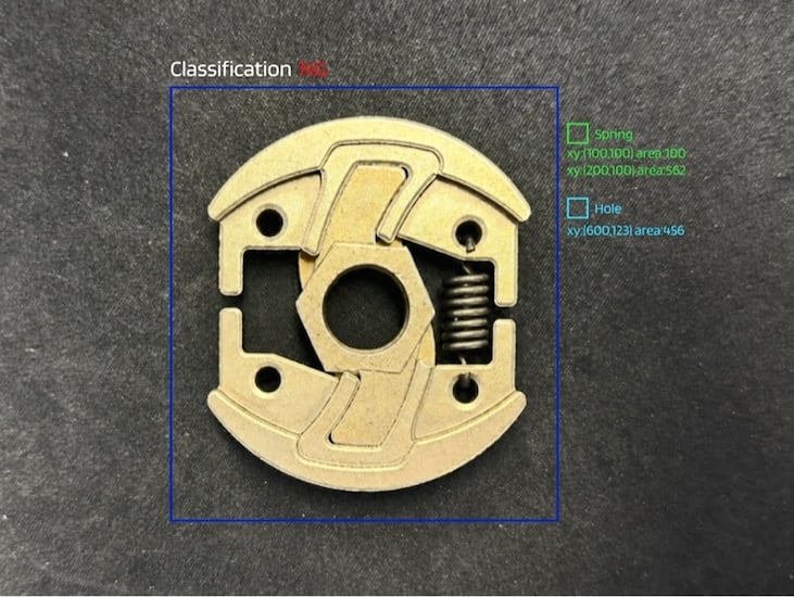 DeteX is an AI-enhanced multi-classification tool. In this image, AI correctly identifies the spring and the holes, with coordinates and area measurements.