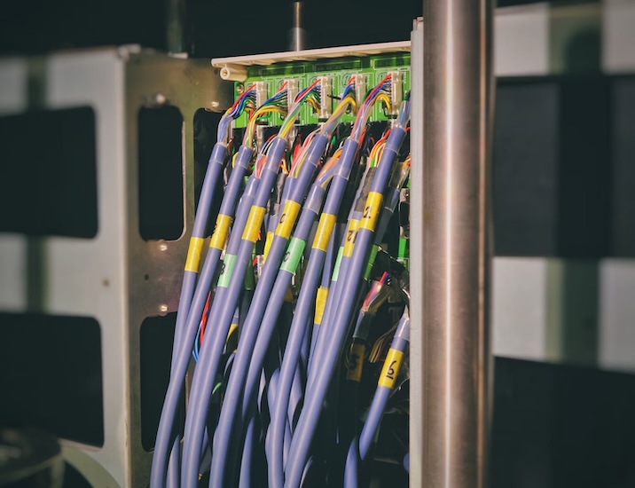 Network connections in a server room show multiple connections to one network.